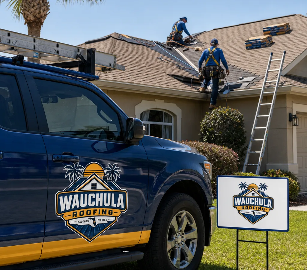 Roofing crew repairing shingles on a Wauchula home with safety equipment and neatly staged materials