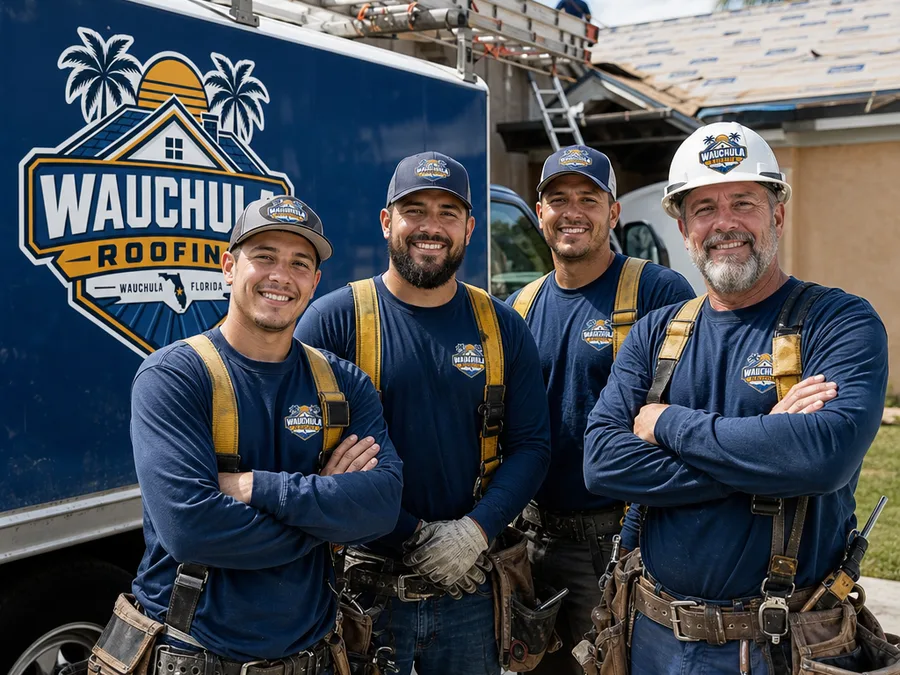 Wauchula roofing team in safety gear beside a work truck with ladders and roofing tools